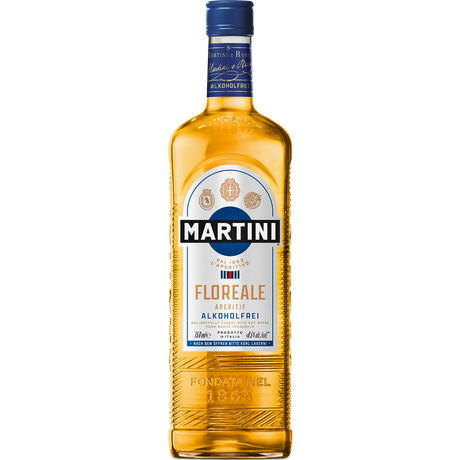 Eine Flasche Martini Floreale alkoholfrei 0,75 Liter von Martini, ein alkoholfreier Aperitif auf Basis entalkoholisierten Weißweins, mit goldenem Etikett vor weißem Hintergrund.