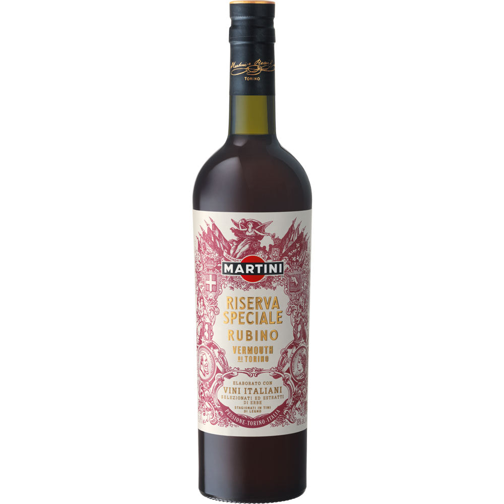 Eine 0,75-Liter-Flasche Martini Rubino Riserva Speciale Vermouth (28,5% ABV) von Martini mit einem dekorativen rot-weißen Etikett - ideal für einen raffinierten Aperitif.