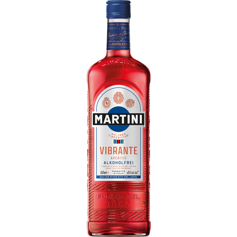 Die 0,75-Liter-Flasche Martini Vibrante alkoholfrei von Martini ist ein alkoholfreier Aperitif mit roter Farbe und detailreichem Etikett, inspiriert vom klassischen italienischen Aperitif.