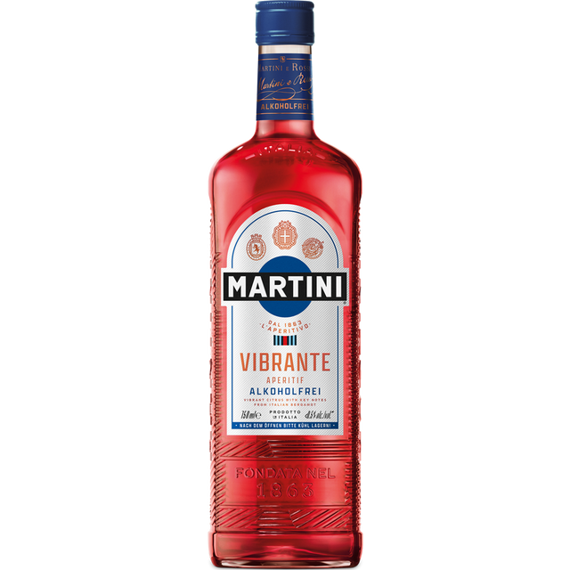 Die 0,75-Liter-Flasche Martini Vibrante alkoholfrei von Martini ist ein alkoholfreier Aperitif mit roter Farbe und detailreichem Etikett, inspiriert vom klassischen italienischen Aperitif.
