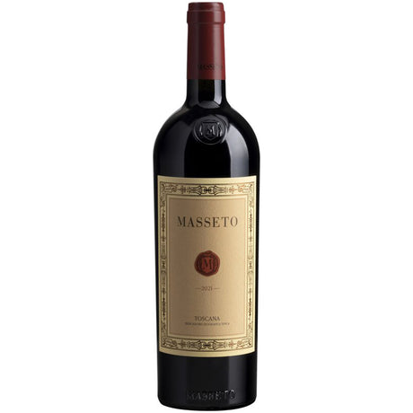 Eine Flasche „Masseto dell’Ornellaia Toscana IGT 2022“ von Tenuta dell’Ornellaia aus der Toskana mit einem beigen Etikett und einem roten Siegel, dargestellt auf weißem Hintergrund.