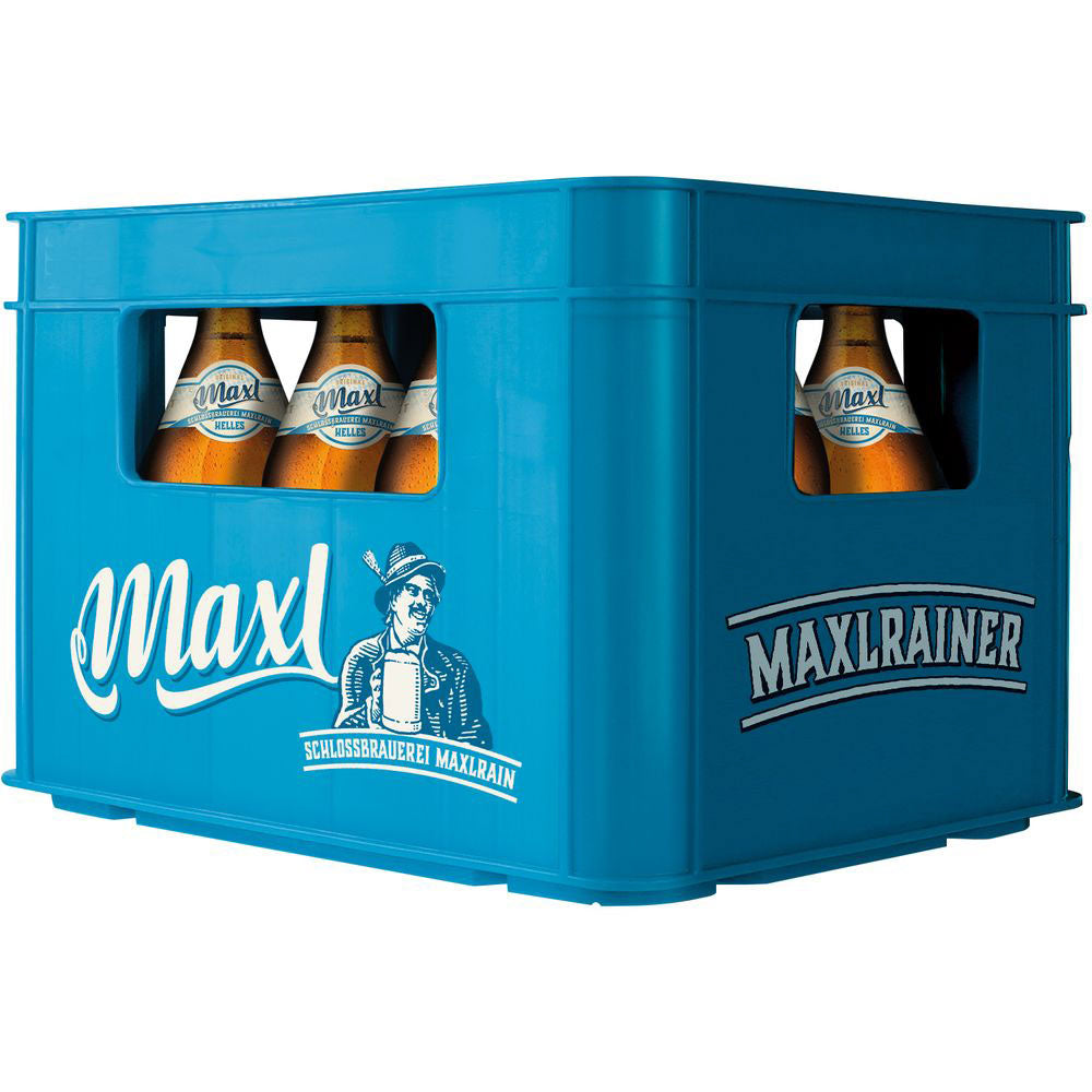 Eine blaue Kiste Maxlrainer Maxl Helles 20x 0,5L (MEHRWEG) Bierflaschen mit dem Maxlrainer Logo. Dieses bayerische Vollbier wird mit Tradition und Qualität von der Schlossbrauerei Maxlrain gebraut.
