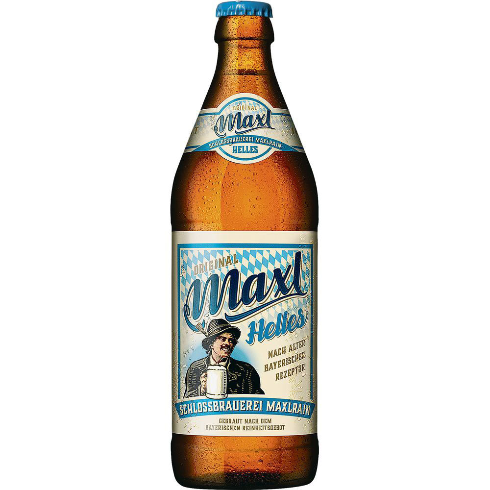 Eine Braunglasflasche Maxlrainer Maxl Helles 20x 0,5 Liter (MEHRWEG) der Marke Maxlrainer mit einem blau-weißen Etikett, das einen Mann in bayerischer Tracht zeigt.