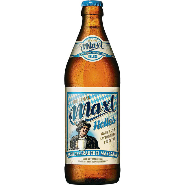 Eine Braunglasflasche Maxlrainer Maxl Helles 20x 0,5 Liter (MEHRWEG) der Marke Maxlrainer mit einem blau-weißen Etikett, das einen Mann in bayerischer Tracht zeigt.