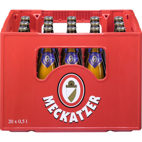 Roter Kasten Meckatzer Hefeweizen Hell (20x 0,5L Mehrwegflaschen), sichtbar durch die vordere Öffnung - ein wahrer Geschmack von Allgäuer Brautradition.