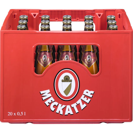Roter Kasten mit Meckatzer Urweizen dunkel 20x0,5L (MEHRWEG) Flaschen, Vorderansicht mit Logo und Text-ein klassisches Allgäuer Bier von Meckatzer und ein feines dunkles Hefeweizen.
