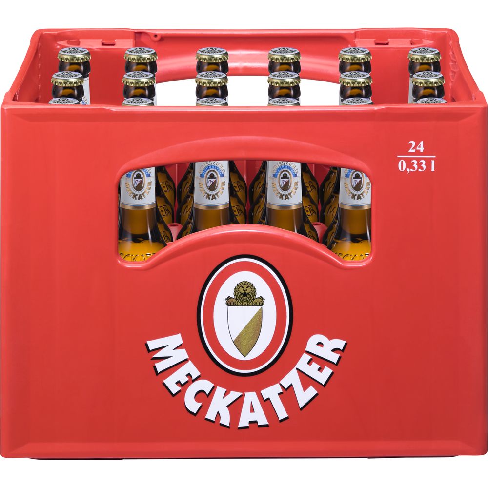 Rote Kiste mit 24 Flaschen Meckatzer Weiss-Gold Alkoholfrei (je 0,33L, Mehrweg), sichtbar durch einen Frontausschnitt - genießen Sie dieses erfrischende alkoholfreie Vollbier von Meckatzer.