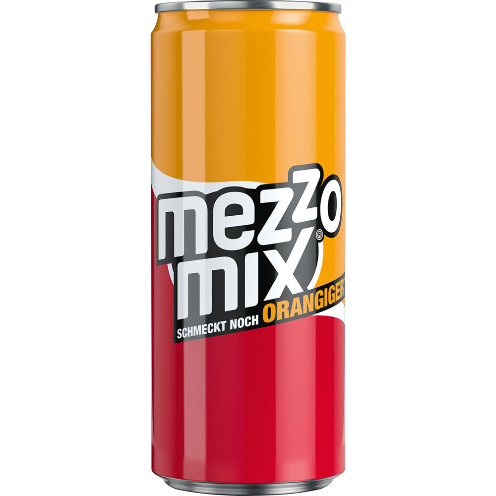 Genießen Sie die Mezzo Mix Dose 24x 0,33 Liter (EINWEG) von Mezzo Mix im orange-gelb-roten Design und mit "Schmeckt noch oranger" - dem klassischen Cola-Mix Getränk.