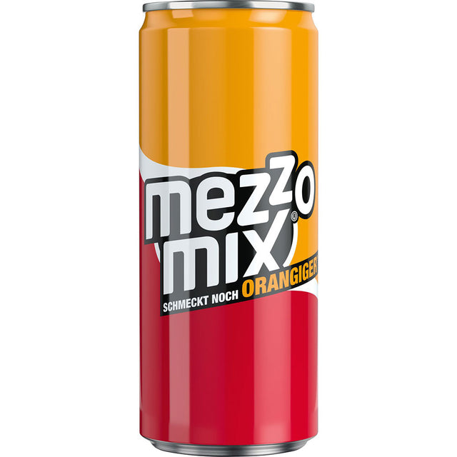 Genießen Sie die Mezzo Mix Dose 24x 0,33 Liter (EINWEG) von Mezzo Mix im orange-gelb-roten Design und mit "Schmeckt noch oranger" - dem klassischen Cola-Mix Getränk.