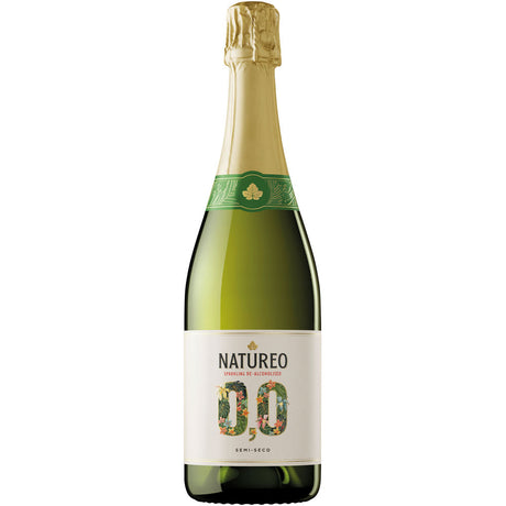 Eine Flasche Miguel Torres Natureo Sparkling Alkoholfrei 0,75 Liter von Miguel Torres mit Goldfolie und grünem Etikett, abgebildet auf weißem Hintergrund.