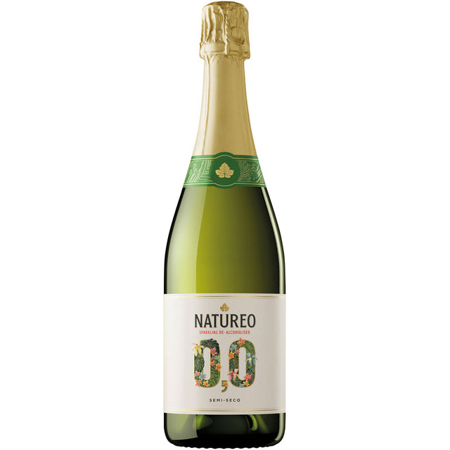 Eine Flasche Miguel Torres Natureo Sparkling Alkoholfrei 0,75 Liter von Miguel Torres mit Goldfolie und grünem Etikett, abgebildet auf weißem Hintergrund.