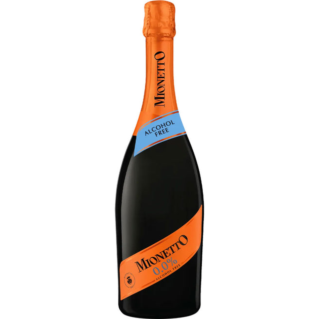 Eine 0,75-Liter-Flasche Mionetto Alkoholfrei 0,0% von Mionetto bietet den erfrischenden Geschmack von alkoholfreiem Schaumwein und ist mit einem unverwechselbaren orangefarbenen und blauen Etikett versehen.