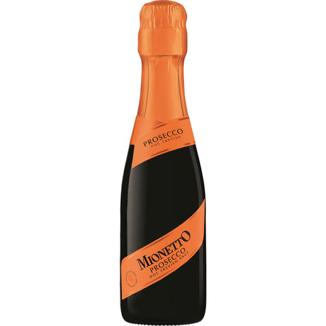 Eine 0,2-Liter-Flasche Mionetto Spumante Prosecco DOC Treviso mit dem charakteristischen orangefarbenen Etikett und der Halsfolie der Marke.