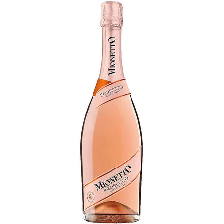 Eine 0,75-Liter-Flasche Mionetto Spumante Rosé Prosecco DOC von Mionetto mit rosa Etikett und Halsfolie, hergestellt in Venetien.