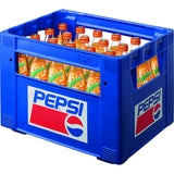 Blaue Kiste mit Pepsi-Logo, die 24 Glasflaschen Mirinda 0,33 l (MEHRWEG) enthält, die jeweils mit orangefarbenen Kappen verschlossen sind.