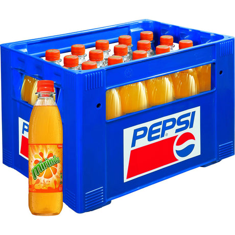 Abgebildet ist eine blaue Pepsi Kiste mit Mirinda PET 24x0,5L Flaschen, eine Flasche in Front-orangig-fruchtig Geschmack von Mirinda (Mehrweg), original seit 1970.