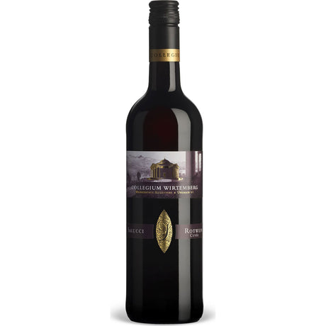 Eine Flasche Collegium Wirtemberg Monarchie! SALUCCI Rotwein-Cuvée trocken 2022, ein eleganter deutscher Rotwein von Collegium Wirtemberg, mit auffälliger goldener und violetter Etikettierung.