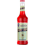 Eine 1-Liter-Flasche Monin Bitter Aperitif mit einer roten, alkoholfreien Flüssigkeit und einem hellgrünen Etikett.