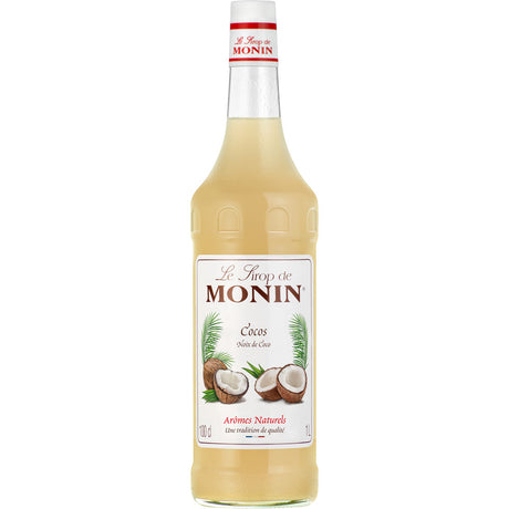 Monin Cocos Sirup 1 Liter von Monin zeigt Kokosnüsse und Palmblätter auf dem Etikett, ideal um exotischen Cocktails einen tropischen Touch zu verleihen.
