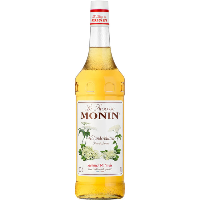 Monin Holunderblüte Sirup 1 Liter von Monin, mit weißem Etikett und Holunderblüten - ideal, um Ihrem Hugo-Cocktail florale Noten zu verleihen.