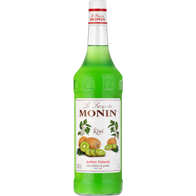 Die 1-Liter-Flasche Monin Kiwi Sirup von Monin überzeugt mit leuchtend grünem Sirup und Kiwi-Bildern auf dem Etikett - ideal für alkoholfreie Drinks und kreative Rezepte.