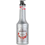 Monin Le Fruit Erdbeere Erdbeer FruchtPüree 1 Liter kommt in einer silbernen Flasche mit schwarzer Pumpe, Erdbeermotiven und Monin Branding - ideal, um Ihren Getränken und Desserts echten Erdbeerpüree-Geschmack zu verleihen.