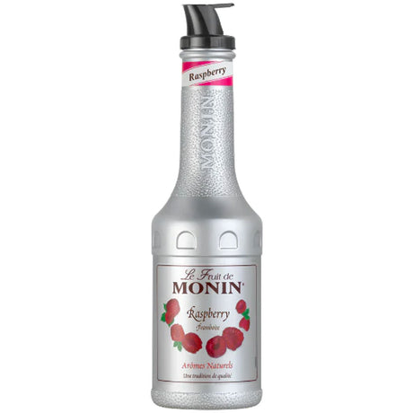 Die 1L Monin Le Fruit Himbeere FruchtPüree kommt in einer silbernen Flasche mit Pumpe und Himbeerbildern, ideal um köstliches veganes Himbeerpüree in Getränke und Desserts zu geben.