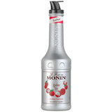 Monin Le Fruit Litschi Lychee FruchtPüree 1 Liter in einer silbernen Flasche mit Lychee-Motiven und einem schwarzen Pumpverschluss, perfekt, um Ihren Getränken und Desserts den authentischen Geschmack von Lychee-Fruchtpüree zu verleihen.