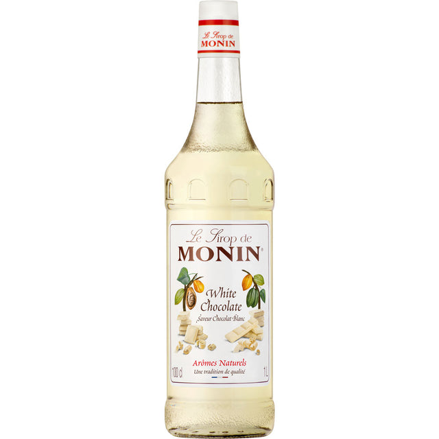 Monin Weiße Schokolade Sirup 1 Liter - veganer Sirup von Monin mit weißem Etikett und weißen Schokostückchen, ideal für Kaffee, Desserts oder Drinks.
