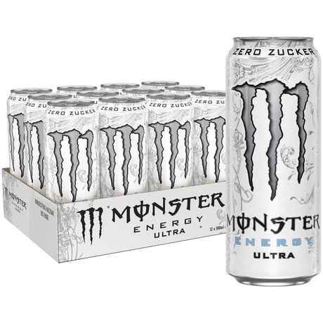 Ein 12er-Pack Monster Energy Ultra White Zuckerfrei 0,5L Dosen (EINWEG) von Monster Energy, mit einer Dose dieses zuckerfreien Energydrinks auf der Vorderseite.