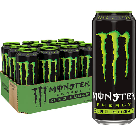 Eine Kiste Monster Energy Original Zero Sugar 12x 0,5 Liter (EINWEG) mit einer Dose auf der Vorderseite, die stolz das Monster Energy Logo und den "Zero Sugar" Schriftzug trägt.