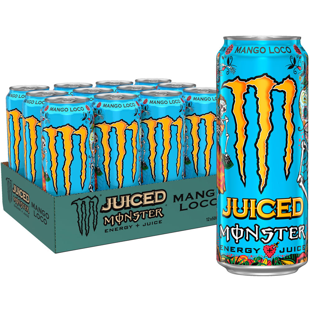 Zwölferpack Monster Energy Mango Loco Dose 12x 0,5L (EINWEG) Dosen von Monster Energy mit leuchtend blauem und farbenfrohem, von Früchten inspiriertem Design.