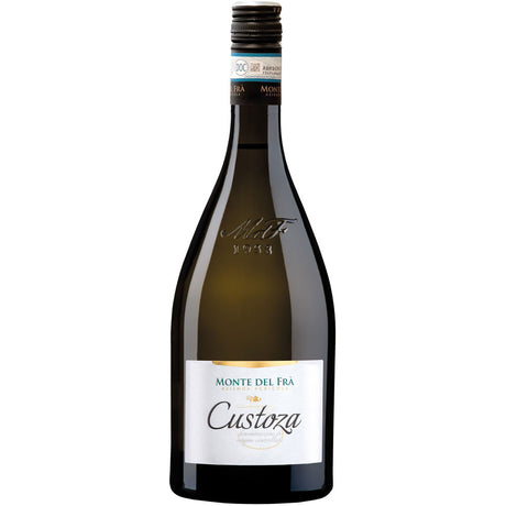 Eine Flasche Monte del Fra Bianco di Custoza DOC 2025, ein italienischer Weißwein von Monte del Fra, mit weißem Etikett und blauen Akzenten.