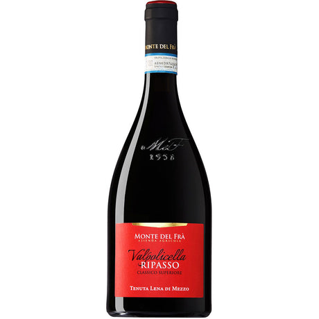 Eine Flasche Monte del Fra Valpolicella Ripasso DOC 2021, ein eleganter italienischer Rotwein von Monte del Fra, mit rotem und schwarzem Etikett.