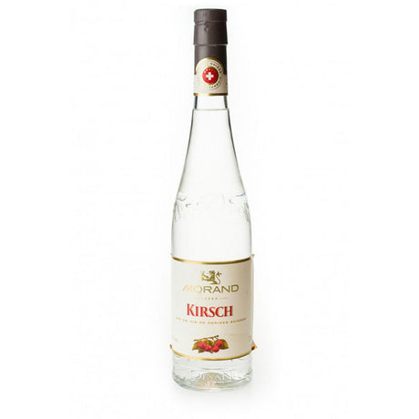 Klarglasflasche von Morand Vieux Kirschwasser 43% (0,7L) von Morand mit weißem Etikett und roter Kirsche - ein kultiger Schweizer Obstbrand.