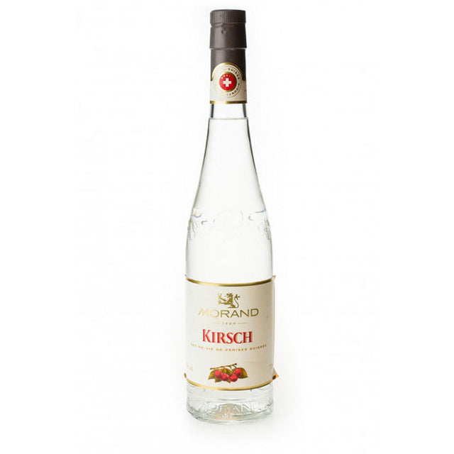 Klarglasflasche von Morand Vieux Kirschwasser 43% (0,7L) von Morand mit weißem Etikett und roter Kirsche - ein kultiger Schweizer Obstbrand.
