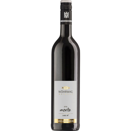 Eine Flasche Wöhrwag Moritz Rotweincuvée VDP Gutswein trocken 2023 Rotwein aus Württemberg mit weiß-goldenem Etikett.