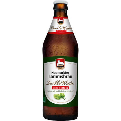 Eine 0,5L Flasche Neumarkter Lammsbräu Dunkle Weiße Alkoholfrei BIO (10er Pack, MEHRWEG) demonstriert die Qualität dieses biologischen alkoholfreien Weißbiers.