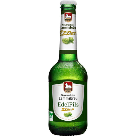 Grünglasflasche von Neumarkter Lammsbräu Zzzisch EdelPils BIO (10x 0,33L Mehrweg) mit weißem und grünem Etikett.