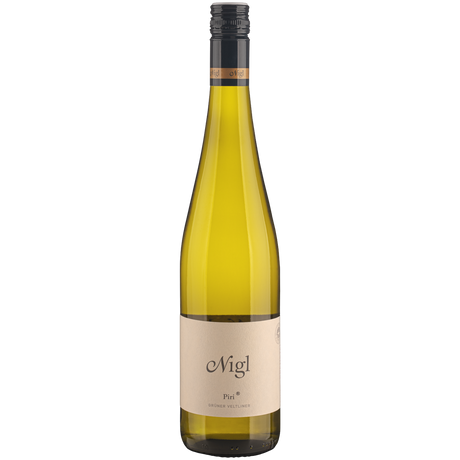 Eine Flasche „Weingut Nigl Grüner Veltliner Piri Kremstal DAC 2025“ mit cremefarbenem Etikett und schwarzem Schraubverschluss vor weißem Hintergrund.