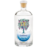 Klarglasflasche von Nonino Distillatori Uvabianca Traubenbrand 38% (0,7L) mit weißem Verschluss und einer bunten Weinrebenillustration auf dem Etikett.