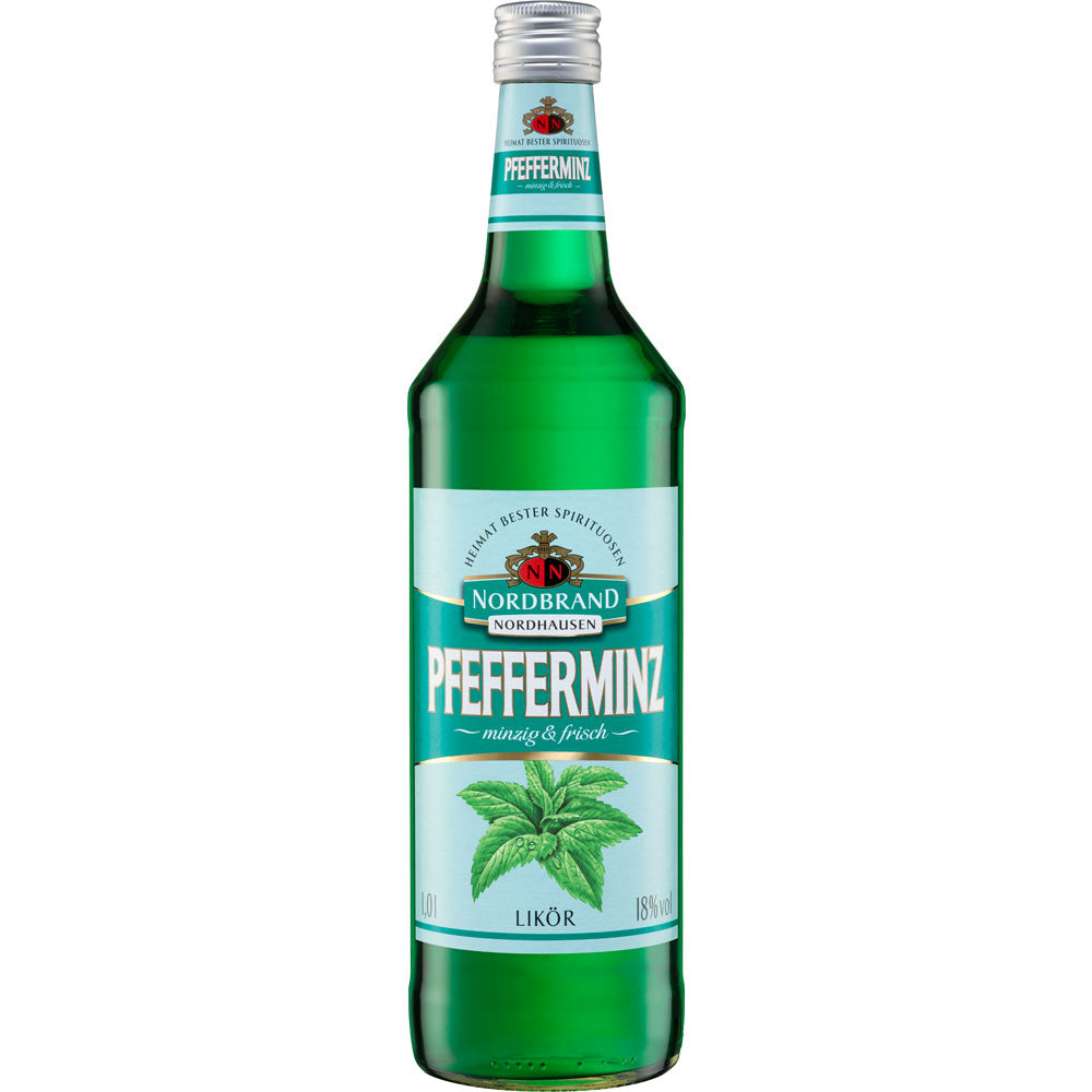 Eine grüne 1-Liter-Flasche Nordbrand Nordhausen Pfefferminzlikör 18% mit einem weiß-grünen Etikett, auf dem Minzblätter abgebildet sind.