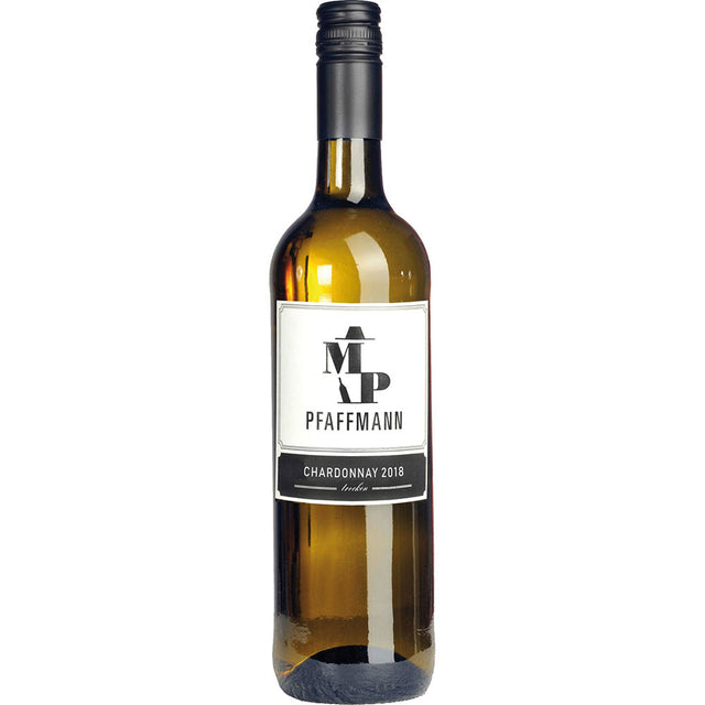 Eine Flasche Markus Pfaffmann Nußdorf Bischofskreuz Chardonnay trocken 2025 mit einem schwarzen Schraubverschluss und einem weißen Etikett.
