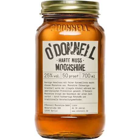 Ein 0,7-Liter-Glas von O'Donnell Moonshine Harte Nuss Haselnuss Likör (25%), mit goldenem Deckel und beigem Etikett von O'Donnell Moonshine.