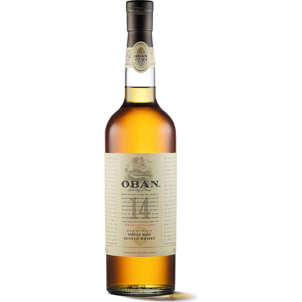 Eine 0,7-Liter-Flasche Oban West 14 Jahre Single Malt Scotch Whisky (43 %) von Oban mit einem cremefarbenen Etikett und der charakteristischen goldbraunen Flüssigkeit im Inneren.