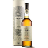 Eine Flasche Oban West 14 Jahre Single Malt Scotch Whisky 43% 0,7 Liter steht neben ihrer eleganten Schachtel und zeigt die Qualität der Marke Oban.