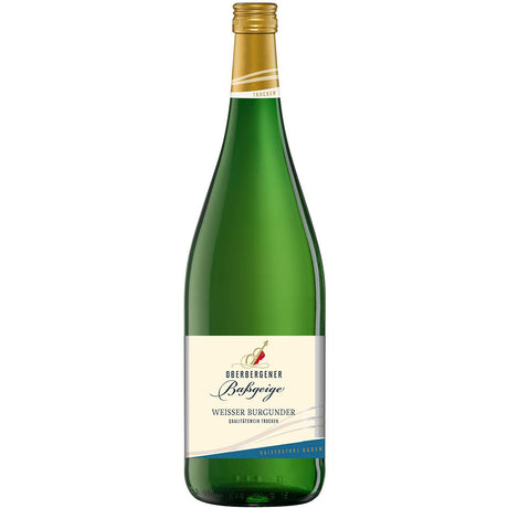 Eine grüne Weinflasche mit der Aufschrift Oberbergener Baßgeige Weißburgunder trocken 6x1,0l (MEHRWEG), ein Kaiserstuhlwein der Winzergenossenschaft Oberbergen.