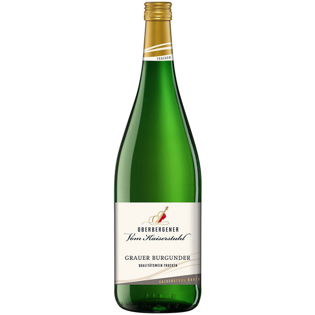 Eine grüne Flasche mit der Aufschrift "Oberbergener Vom Kaiserstuhl Grauer Burgunder trocken" (6x1L, MEHRWEG) der Winzergenossenschaft Oberbergen, Weißwein aus Deutschland, auf weißem Hintergrund.