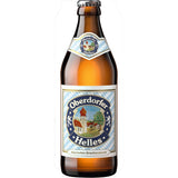 Ein 0,33l Oberdorfer Helles aus dem 20er-Pack (MEHRWEG) mit einem blau karierten Etikett im bayerischen Stil, das echte bayerische Braukunst widerspiegelt.