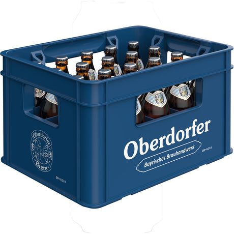 Eine blaue Kiste Oberdorfer Helles 20x 0,33 Liter (MEHRWEG) Flaschen mit dem Oberdorfer Logo - ein echtes bayerisches Bier aus dem Allgäu.